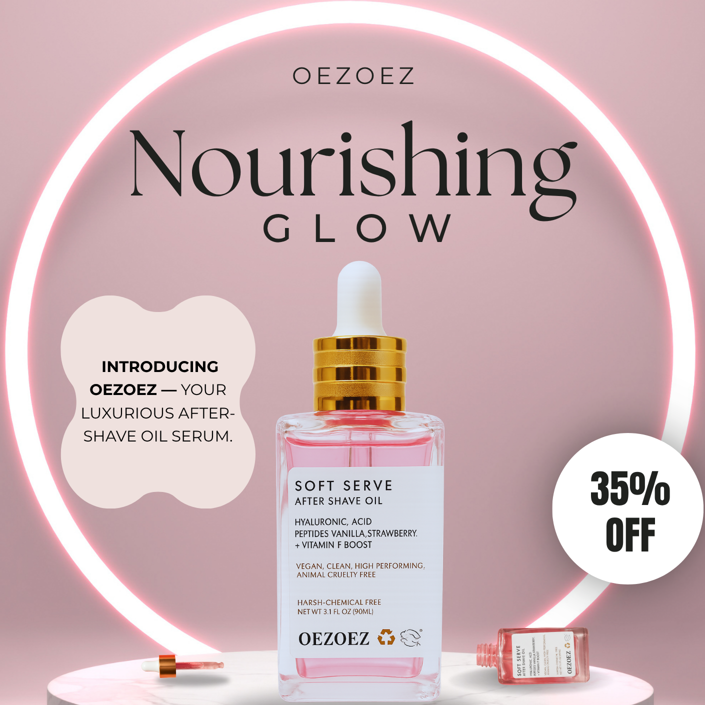 OEZOEZ Soft Serve After Shave Oil on a pink background with promotional text.