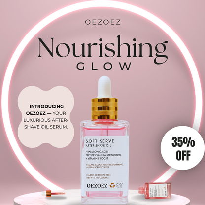 OEZOEZ Soft Serve After Shave Oil on a pink background with promotional text.