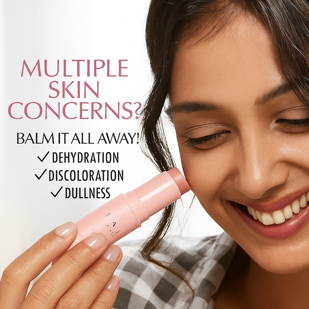 Woman applying a skincare product with text about multiple skin concerns.