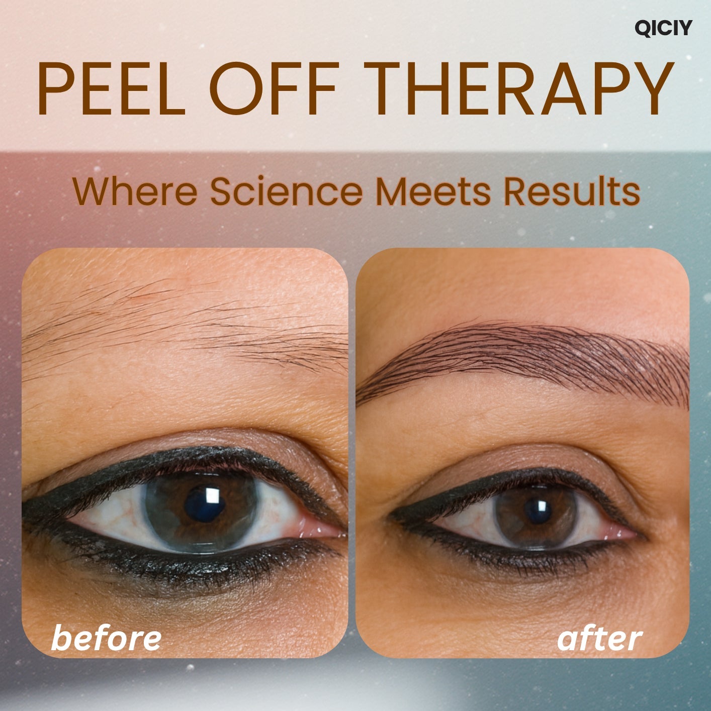Advertisement for QICIY Tattoo Eyebrow Gel showing before and after effects on eyebrows.
