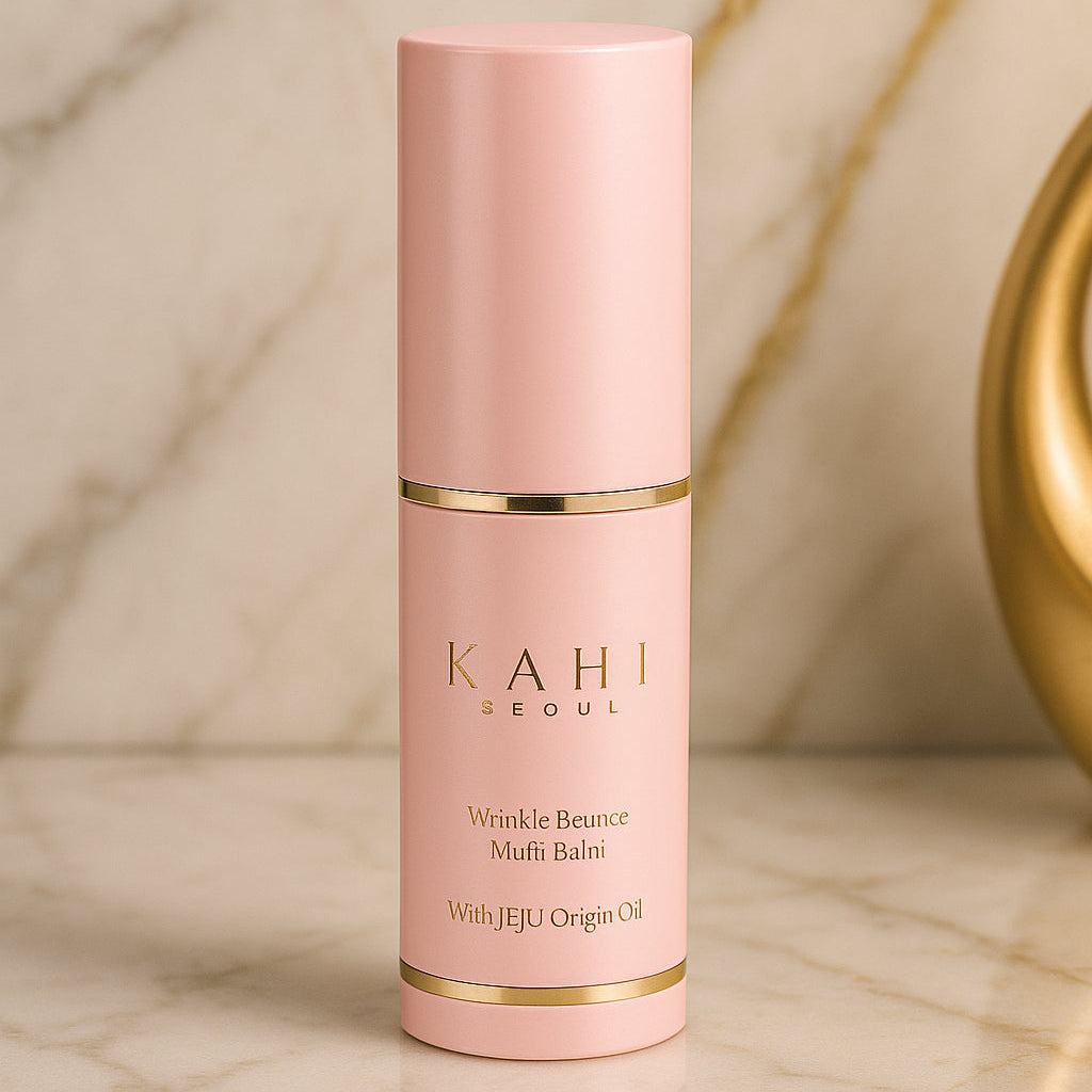 Pink skincare bottle with gold accents on a marble surface