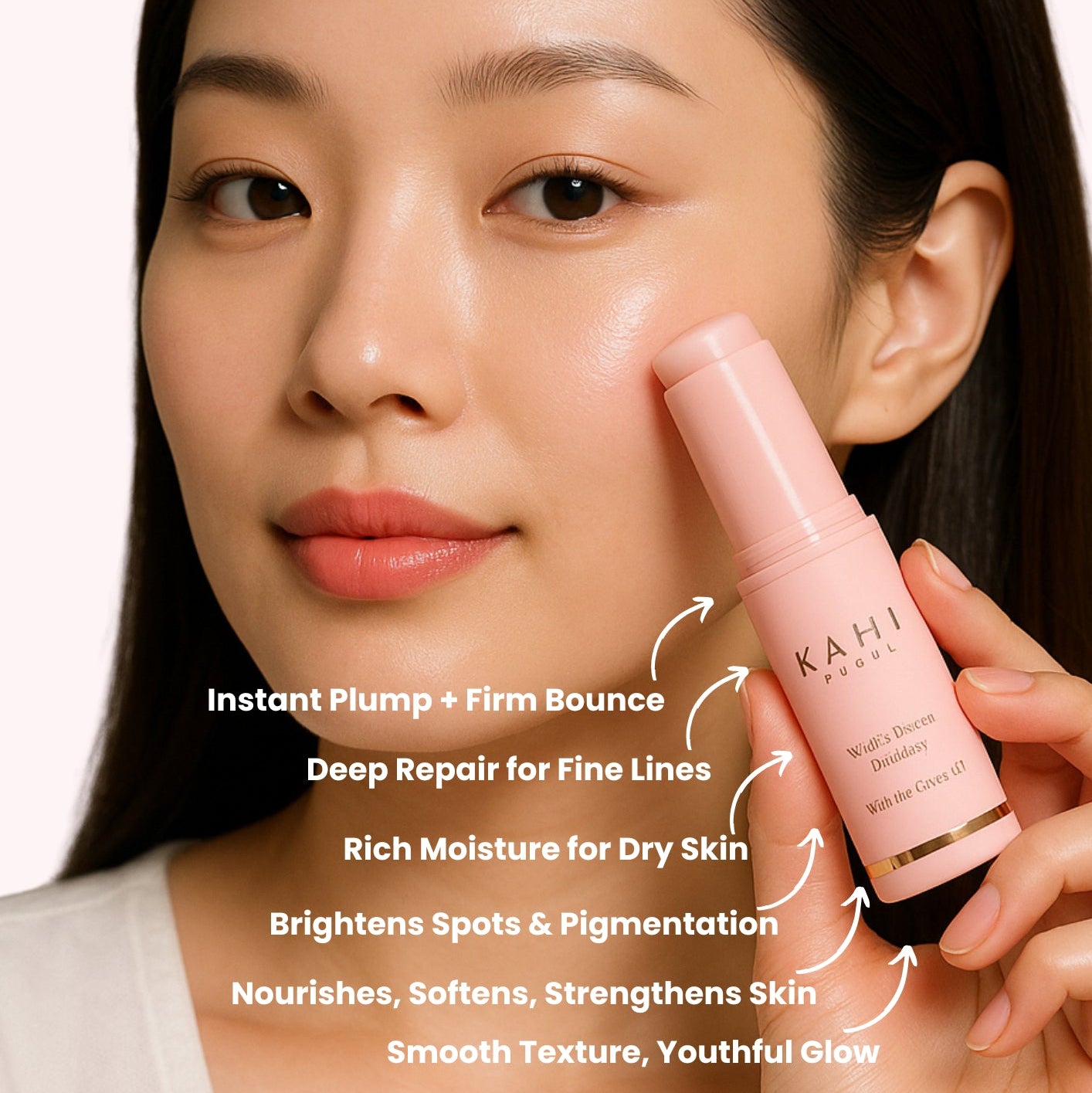 Woman holding a pink skincare product with text highlighting its benefits on a white background
